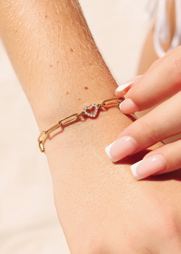 18K Gold Pvd Stainless Steel "Heart" Paperclip Bracelet