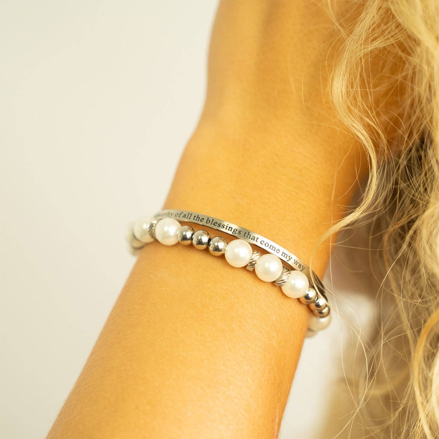 18K Gold PVD Worthy of Blessings Engraved Bangle Bracelet