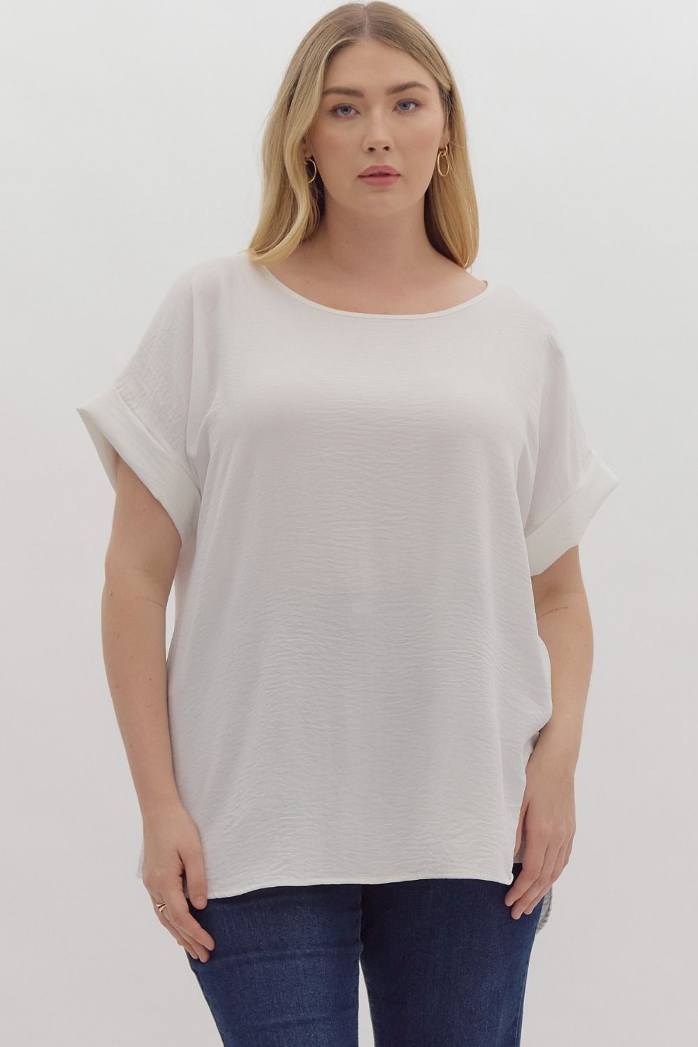Scoop-neck - short sleeve pullover top - Unlined - Woven - OFF WHITE