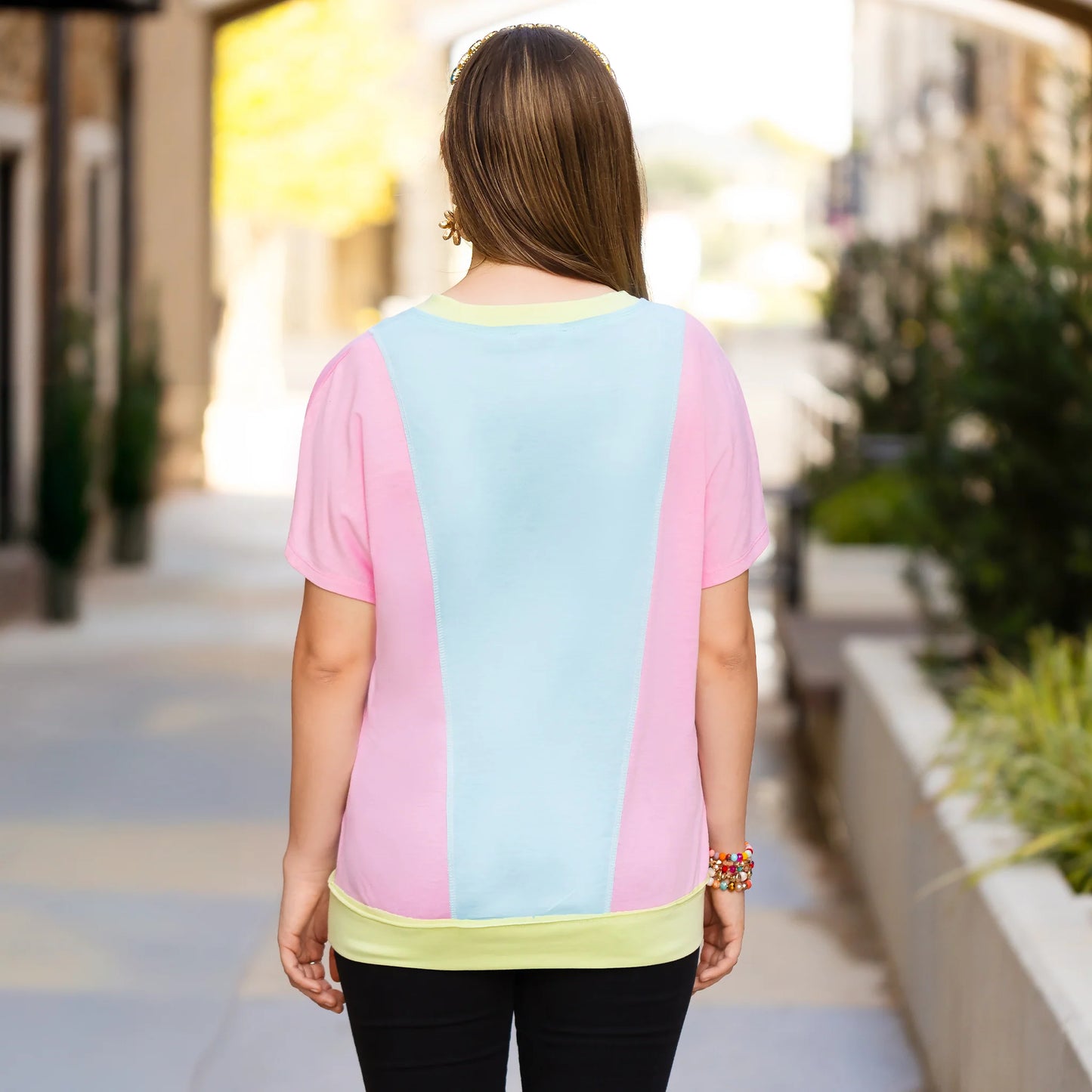 Color Block Half Sleeve Top - Pink & Blue