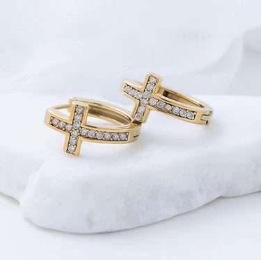 18K Dipped Hypo CZ Cross Huggie - GOLD