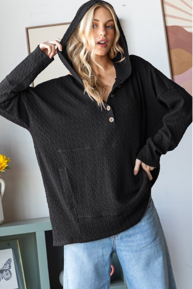 Long Sleeve Solid Jacquard Button Down Hoodie w/Kangaroo Pocket - BLACK