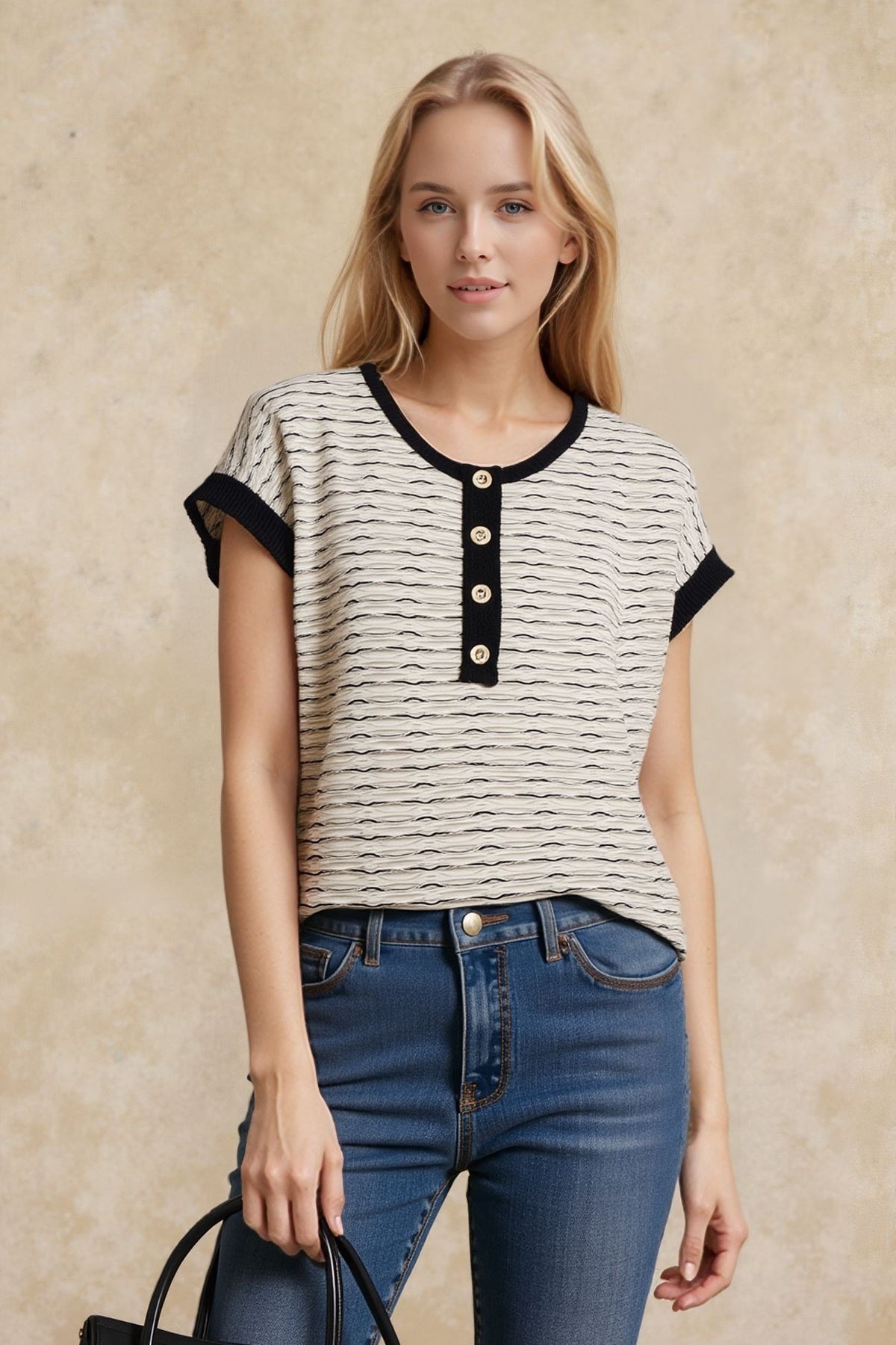 Jacquard Striped Button Top - Ivory/Black