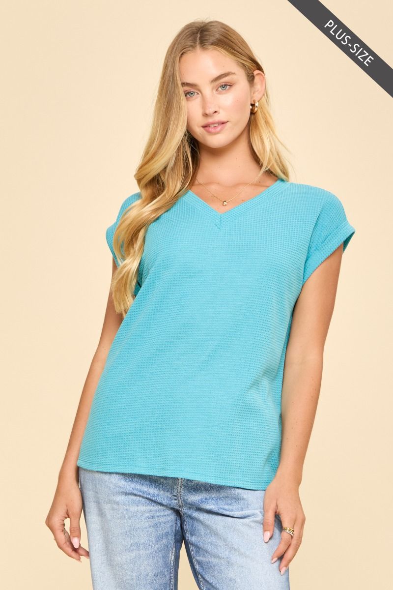 Waffle V-Neck Top - Teal - 1X