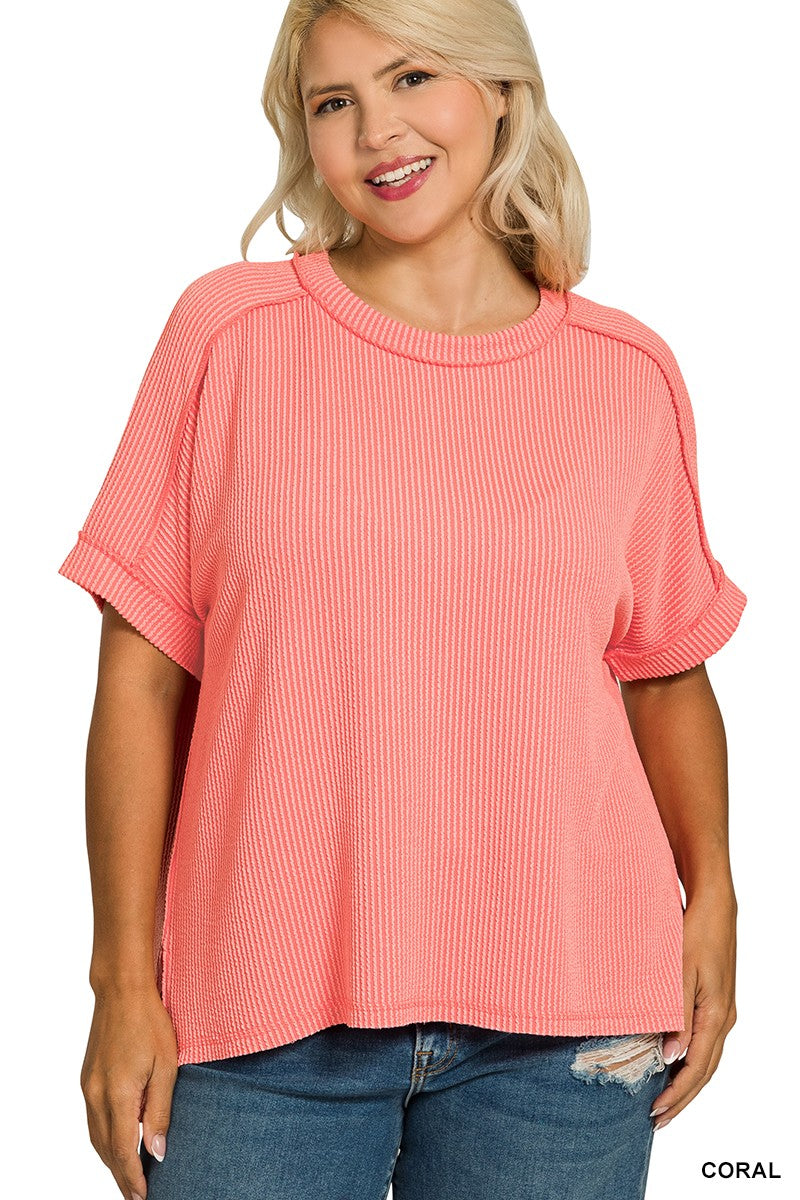 Raised Rib Cuff Sleeve Raw Edge Top