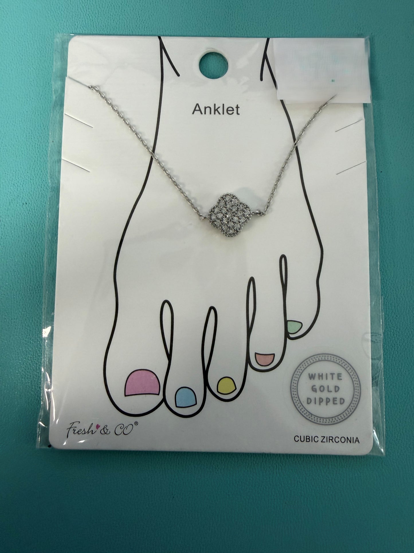 WG Dipped CZ filled Clover Anklet - Silver
