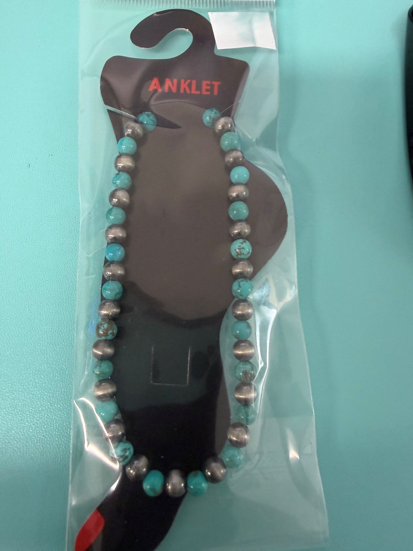 Turquoise and Grey Beaded Stretch Anklet
