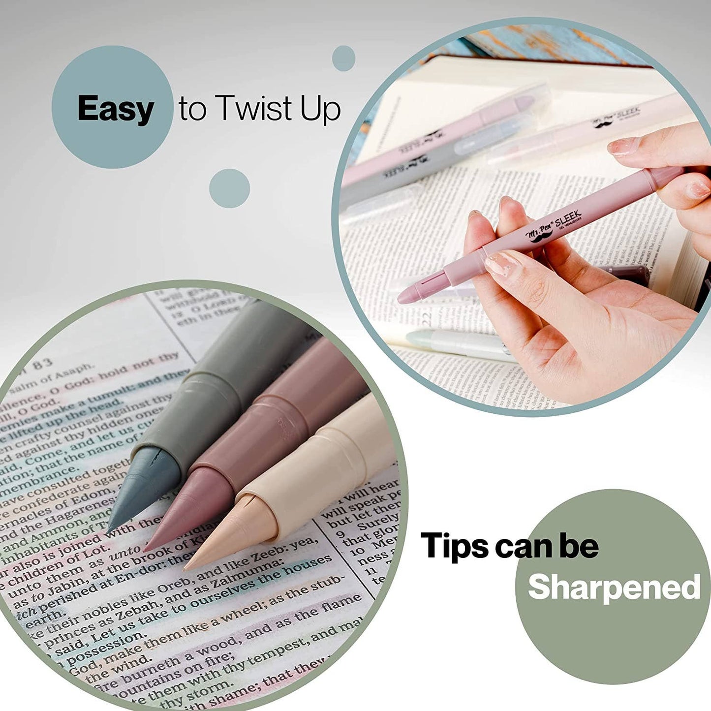 Gel Highlighters, 8 Pack, No-Bleed, Twist-Up Design, Sharpenable Tips, Smooth Glide, Perfect for Bible Pages