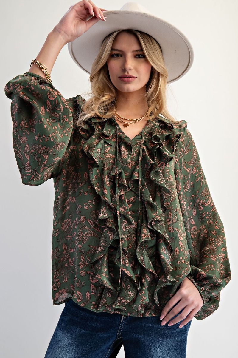 Ruffle Front Printed Yoru Satin Blouse