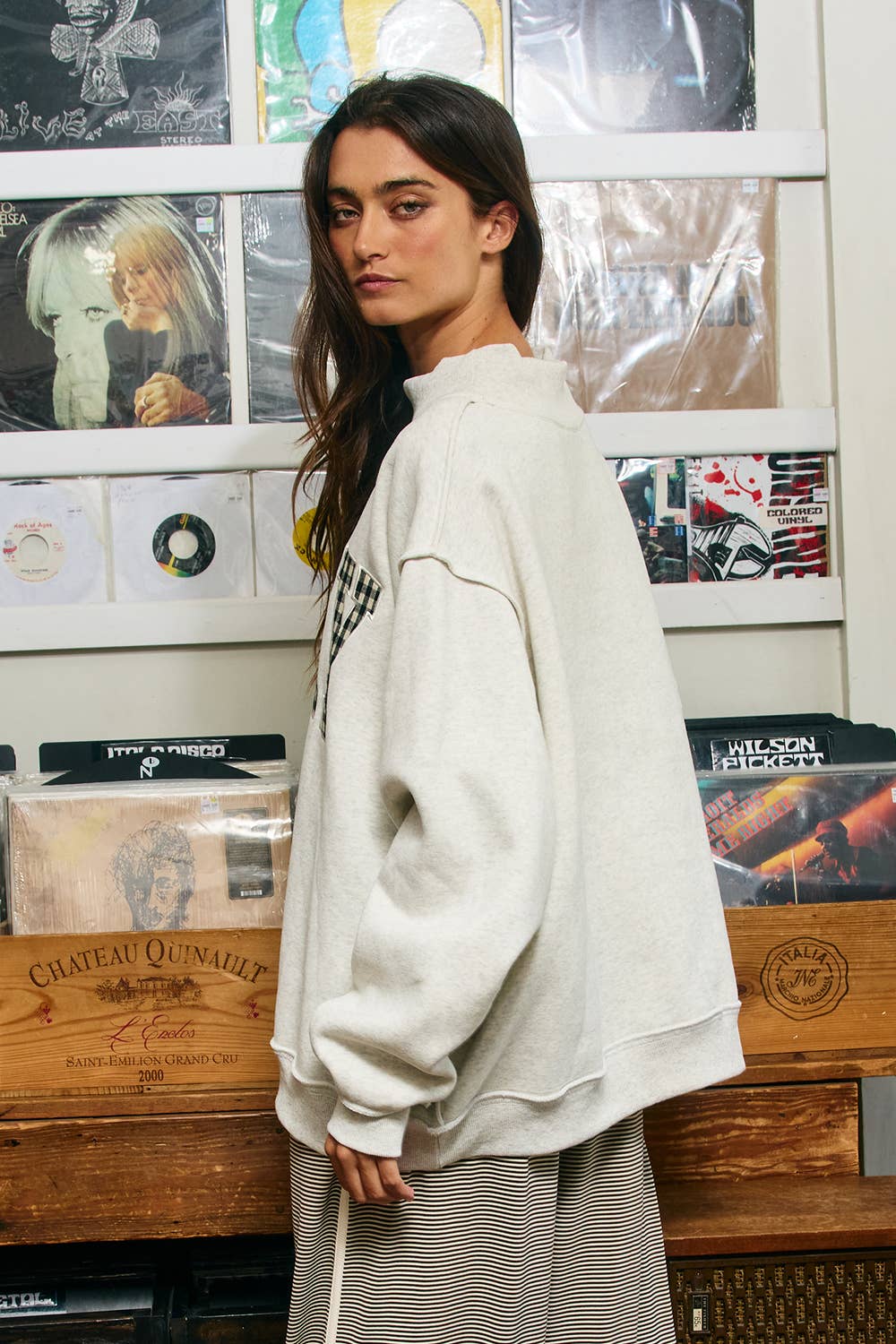 "PRAY" Gingham Applique Mock Neck Sweatshirt