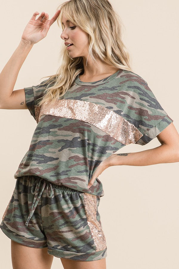 Camo Print Short Sleeve Knit Top & Shorts Set with Sequins