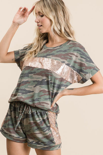 Camo Print Short Sleeve Knit Top & Shorts Set with Sequins