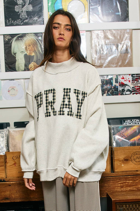 "PRAY" Gingham Applique Mock Neck Sweatshirt