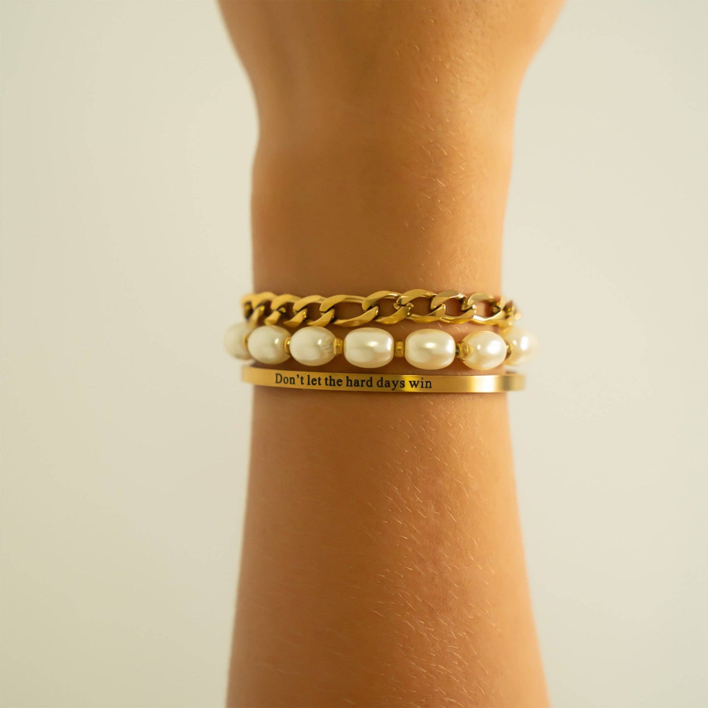 18K Gold PVD Dont let Hard Days Win Engraved Bangle Bracelet