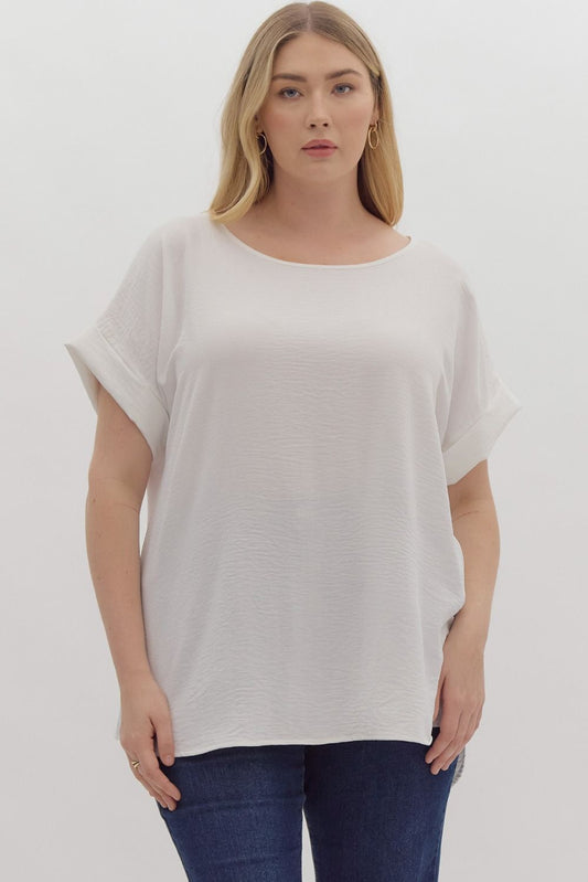 Scoop-neck - short sleeve pullover top - Unlined - Woven - OFF WHITE