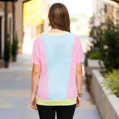 Color Block Half Sleeve Top - Pink & Blue