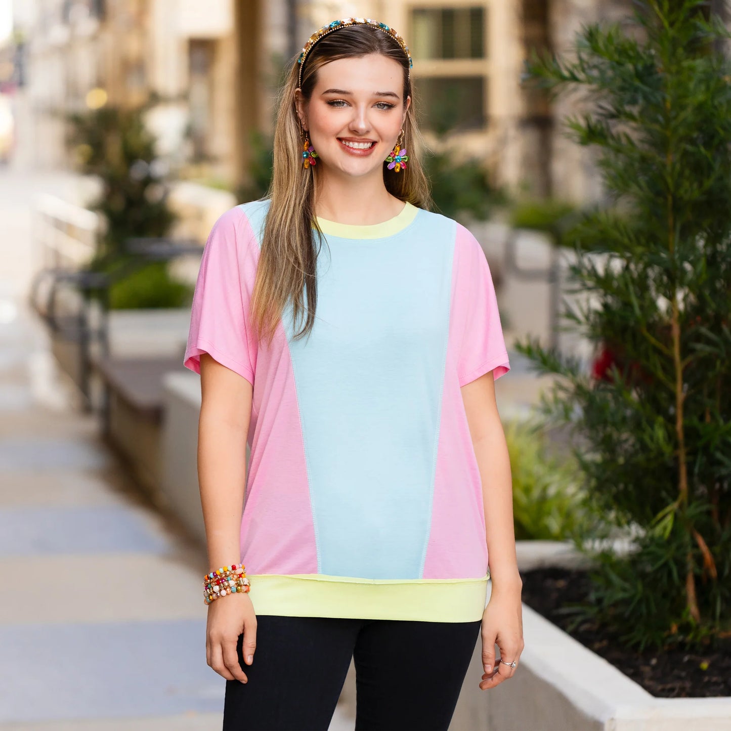 Color Block Half Sleeve Top - Pink & Blue