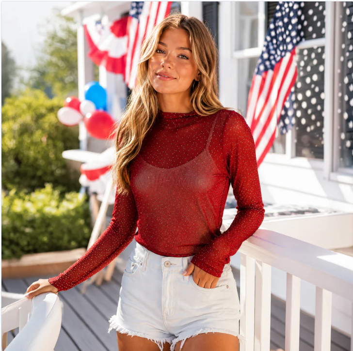 Rhinestone Mesh Long Sleeve Top