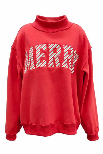 "MERRY" Embroidered Mock Neck Sweatshirt
