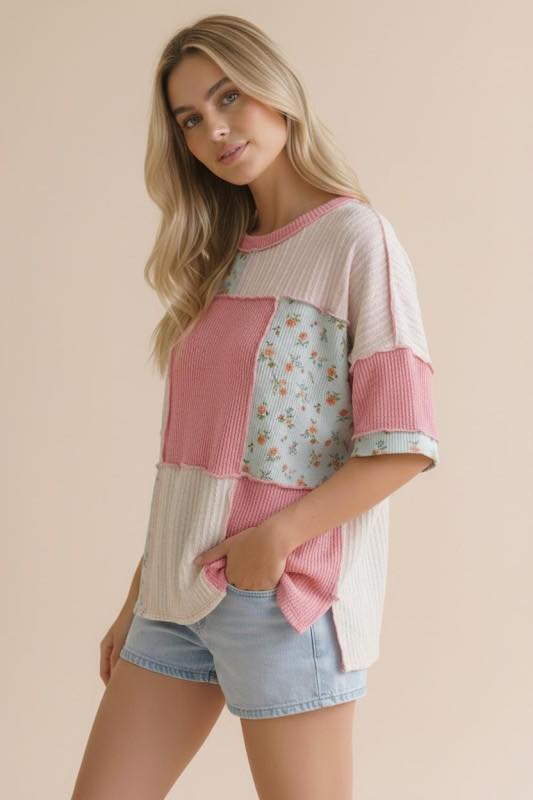 Floral Ribbed Color Block Patchwork Top