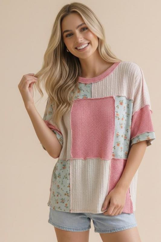 Floral Ribbed Color Block Patchwork Top
