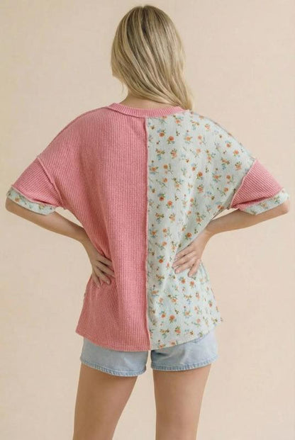 Floral Ribbed Color Block Patchwork Top