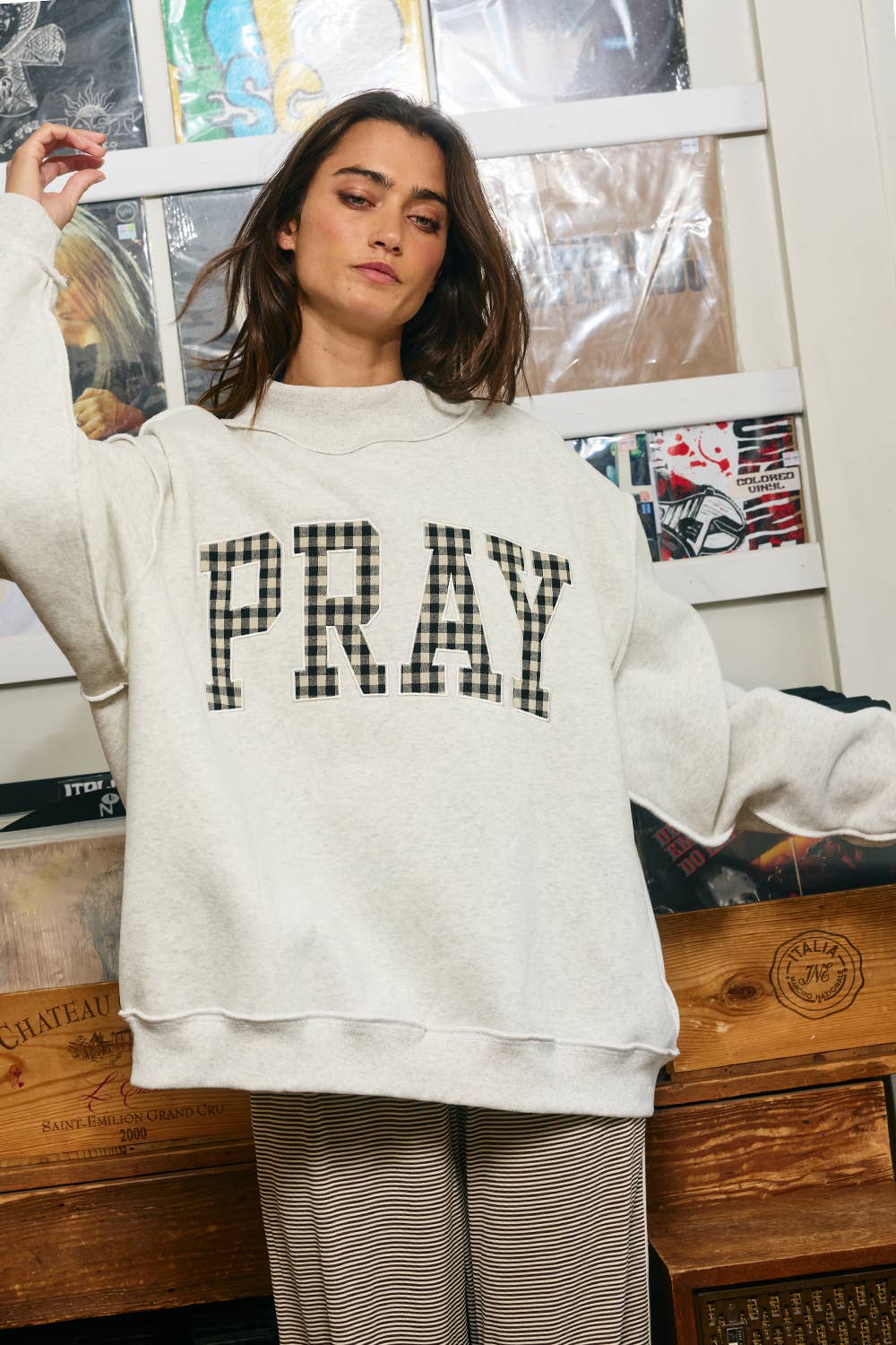 "PRAY" Gingham Applique Mock Neck Sweatshirt