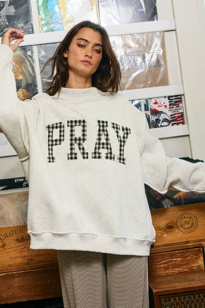 "PRAY" Gingham Applique Mock Neck Sweatshirt