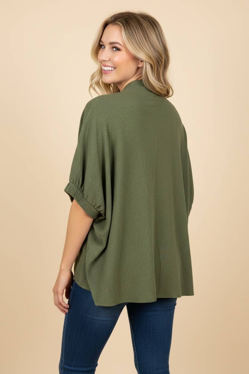 Textured Oversized Split Neck Short Sleeve Top