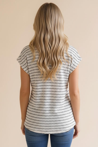 V Neck Drop Shoulder Stripe Slub Knit Top