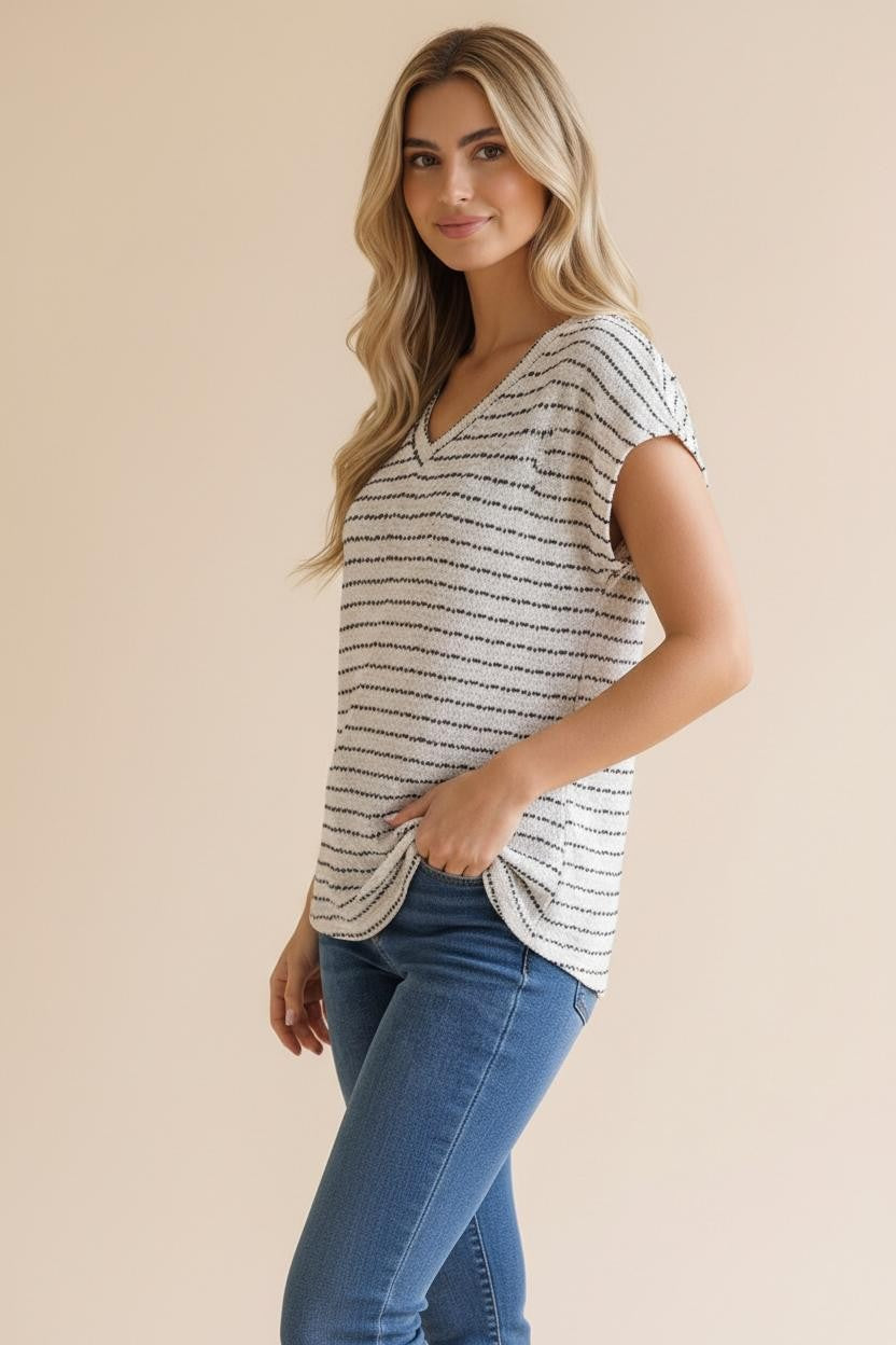 V Neck Drop Shoulder Stripe Slub Knit Top