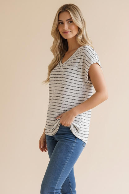 V Neck Drop Shoulder Stripe Slub Knit Top