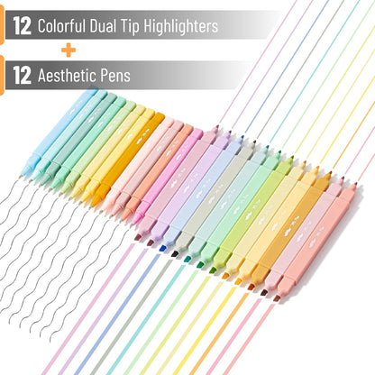 Dual Tip Aesthetic Highlighters and Ballpoint Pens Set 12 Pcs