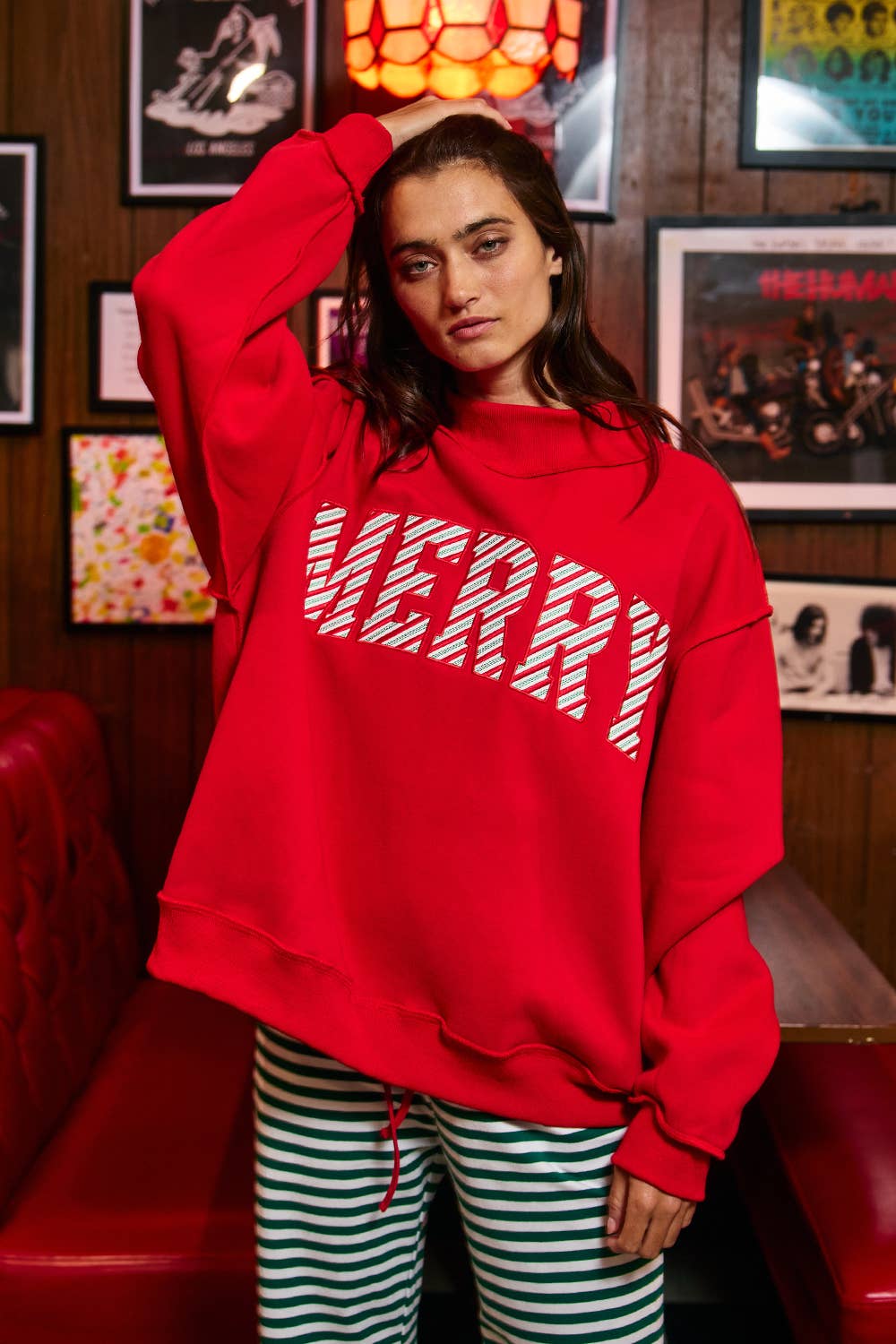 "MERRY" Embroidered Mock Neck Sweatshirt