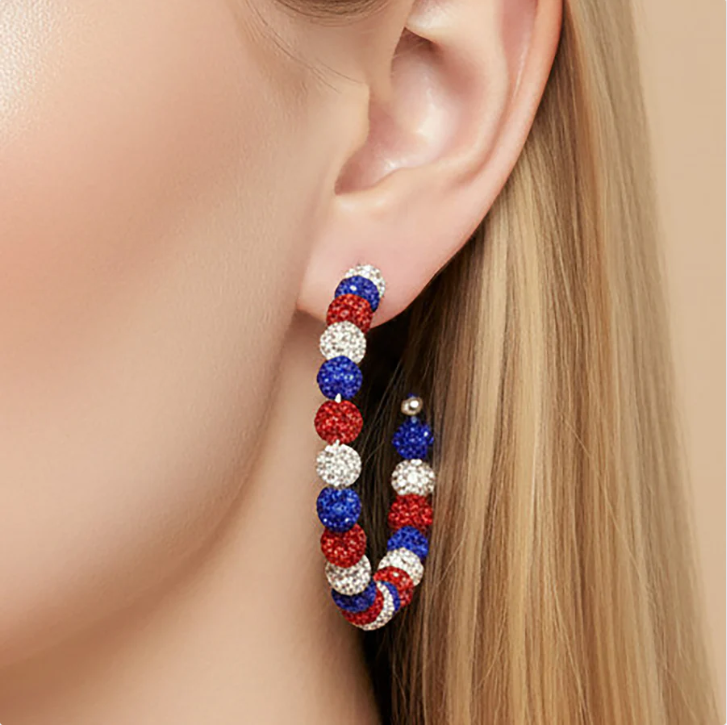 Crystal Beaded Hoop Earrings - Red White & Blue