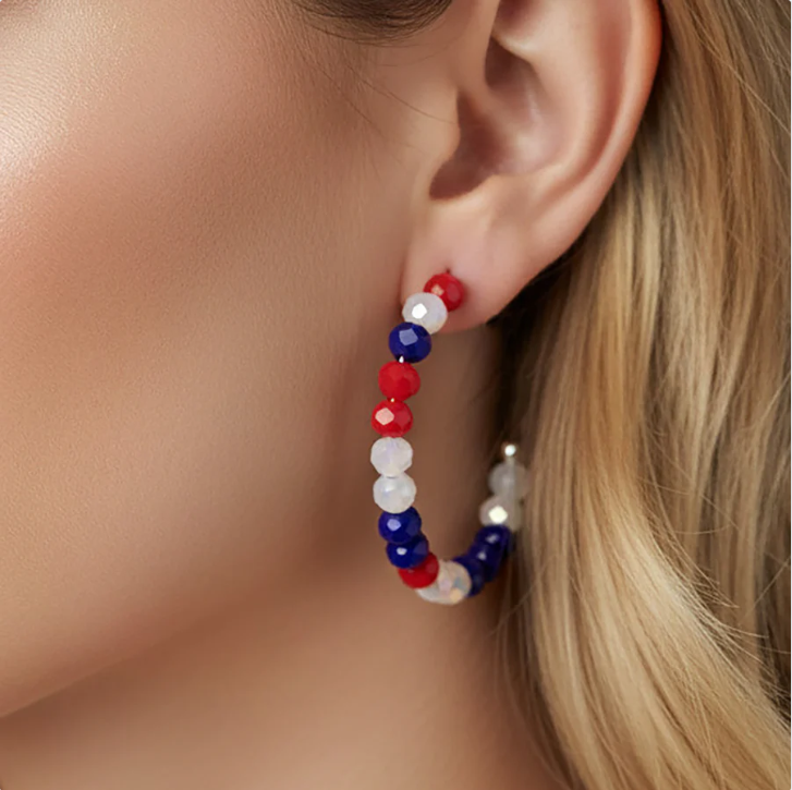 Beaded Hoop Earrings - Red White & Blue