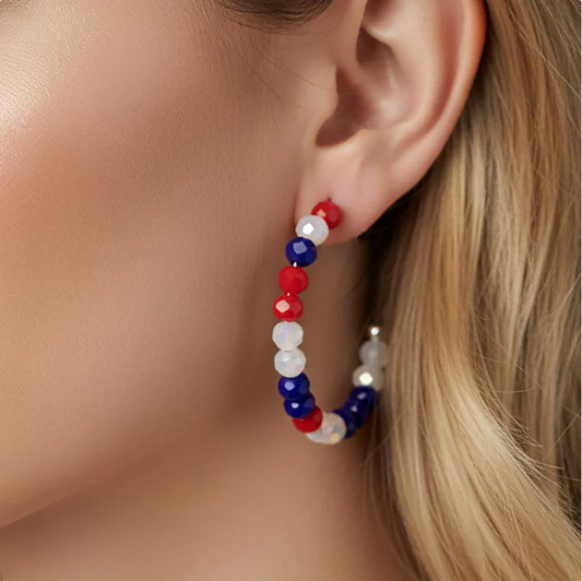 Beaded Hoop Earrings - Red White & Blue