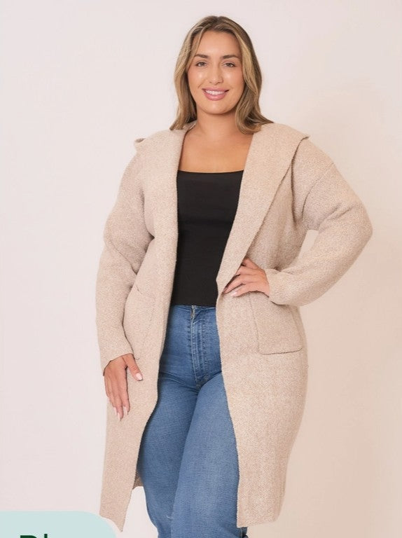 Hooded Brushed Knit Open Cardigan