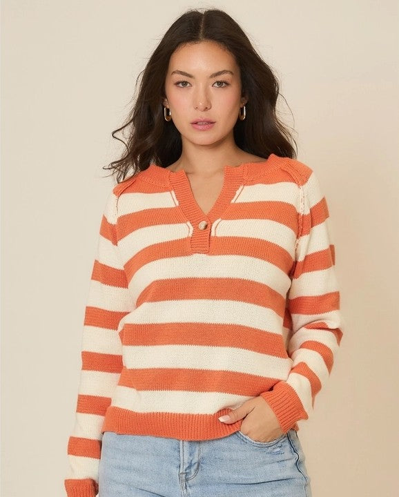 Deep Notch Neck Stripe Knit Sweater