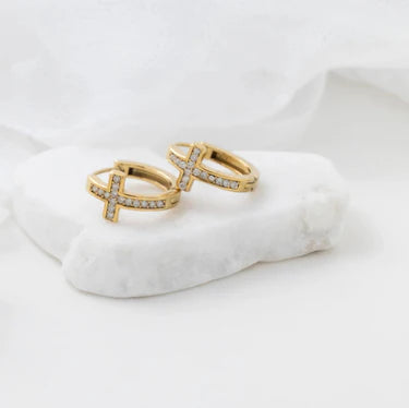 18K Dipped Hypo CZ Cross Huggie - GOLD