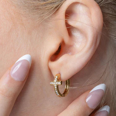 18K Dipped Hypo CZ Cross Huggie - GOLD