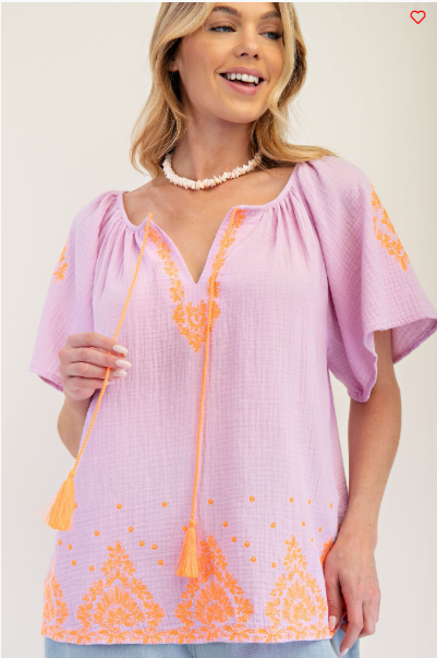Embroidered Detailing Cotton Gauze Top