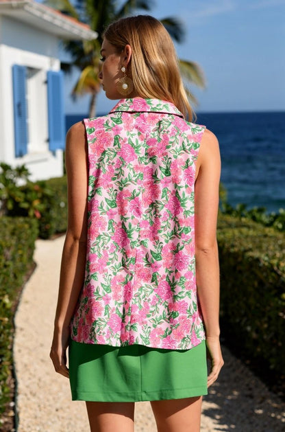 Sundial Sleeveless Top - Green Pink Floral
