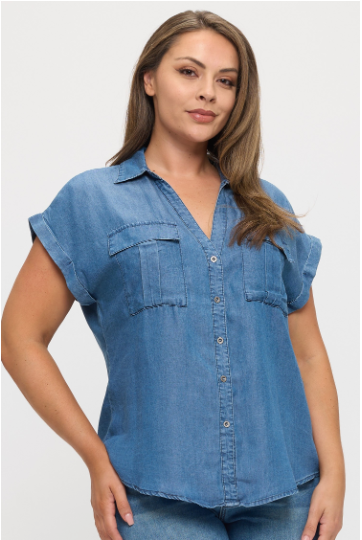 Button Down Short Sleeve Denim Top