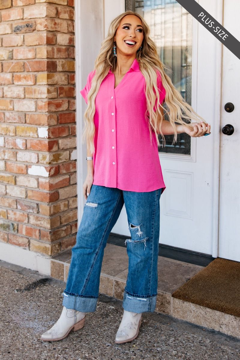 Woven Collard Button Down Blouse - Hot Pink