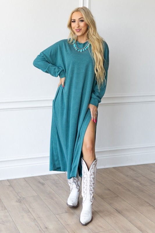 Waffle Thermal Duster Dress - Jewel Green