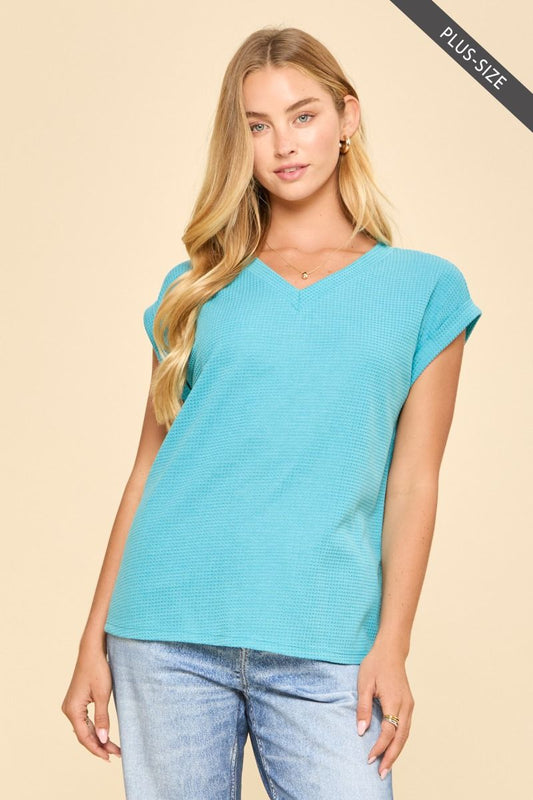 Waffle V-Neck Top - Teal