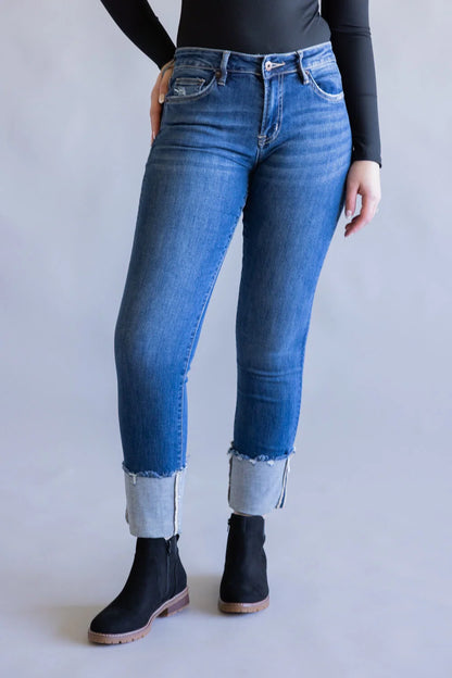 Mid Rise Slim Straight Leg W/Cuffed Hem | Deep Rhino