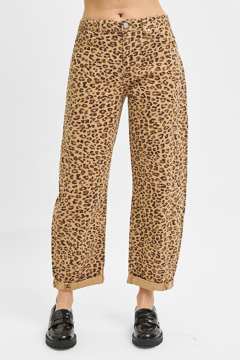 SLOUCHY CROPPED BARREL PANTS WITH LEOPARD CUFFS | CAMEL