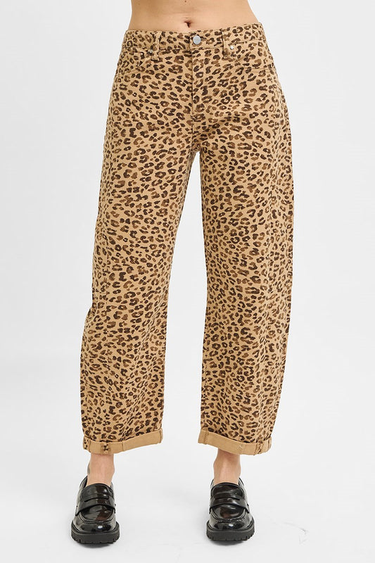 SLOUCHY CROPPED BARREL PANTS WITH LEOPARD CUFFS | CAMEL